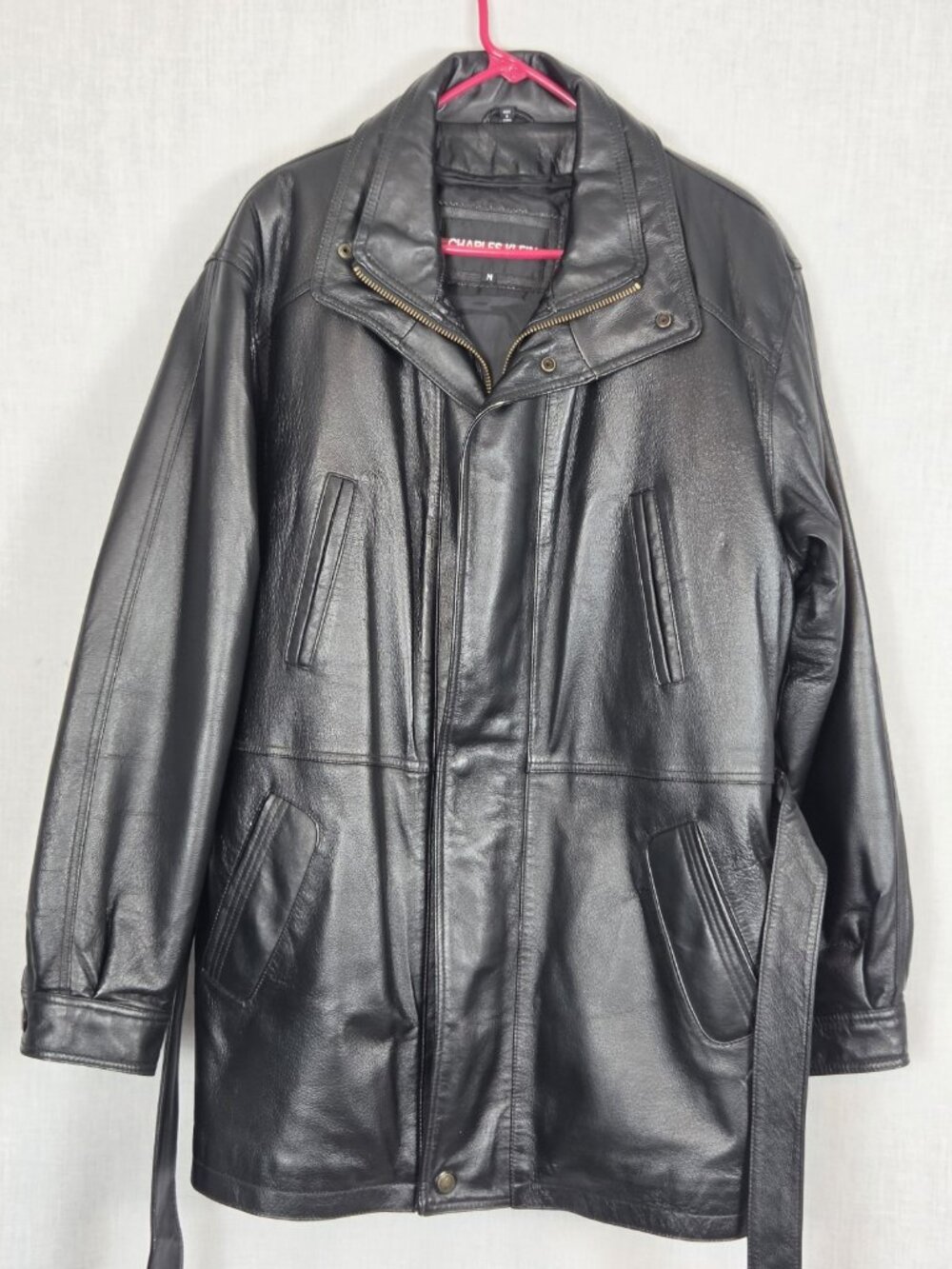 VTG Charles Klein Leather Trench Coat Men's M Black Belted Insulated Liner Heavy